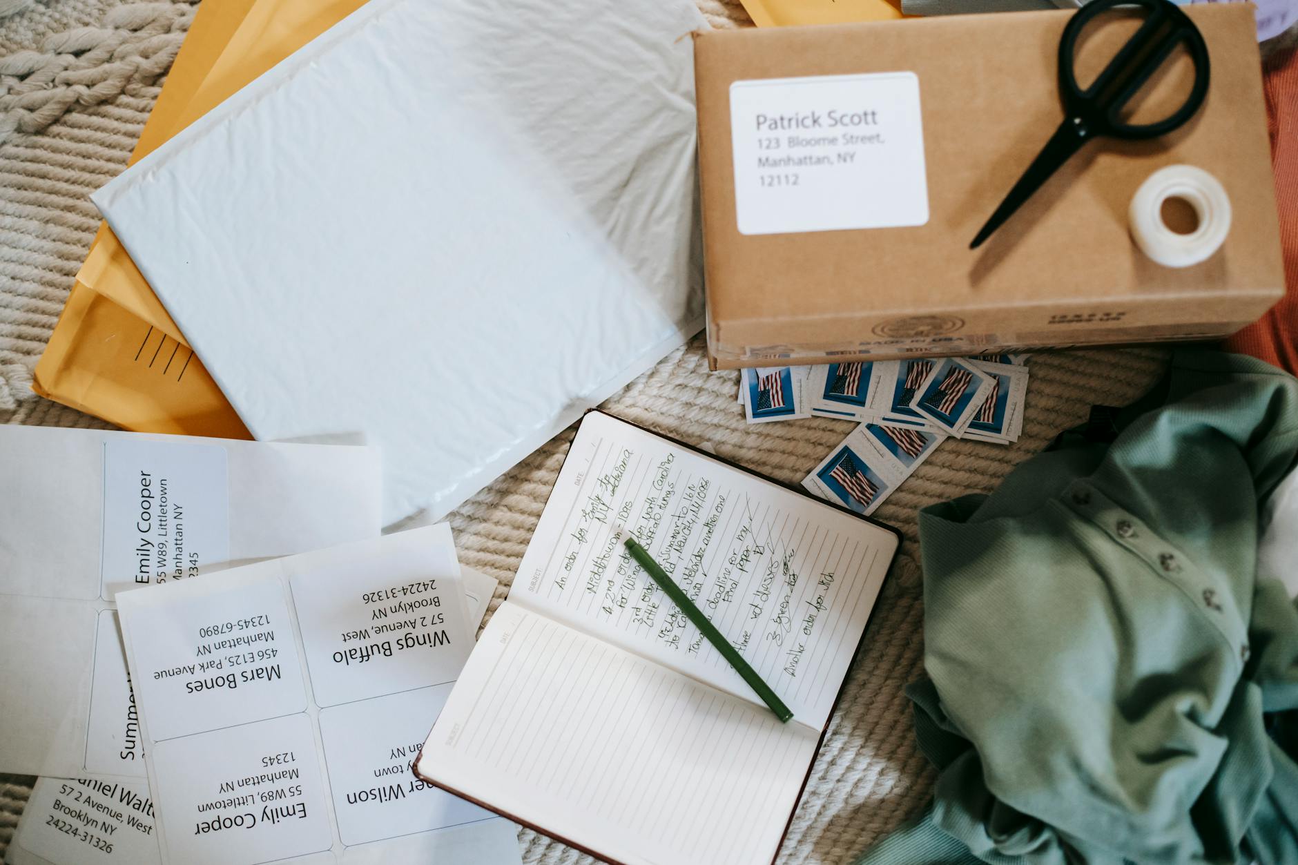 composition of opened diary carton parcel and postage stamps